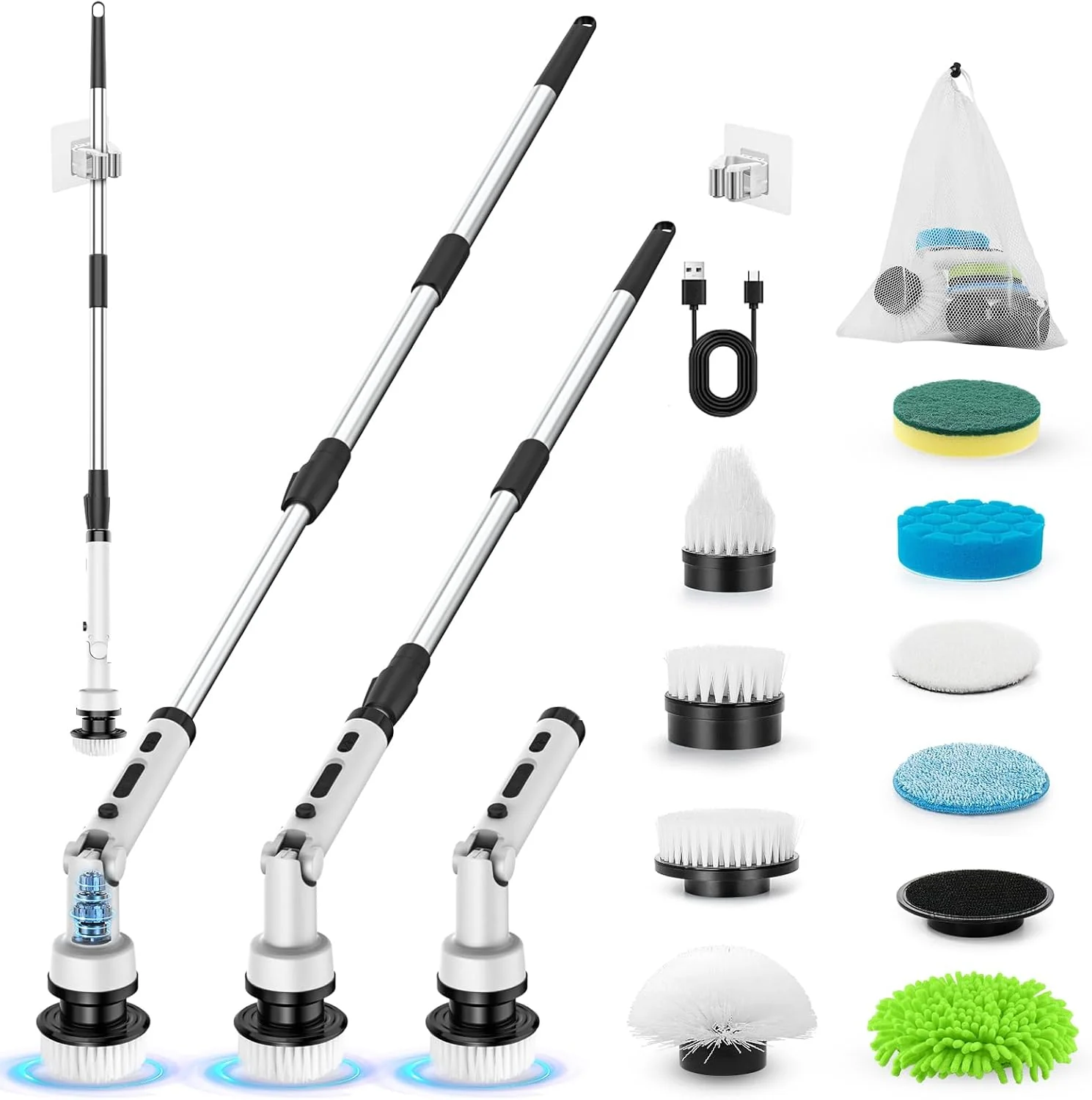 Electric Spin Scrubber Rechargeable Cleaning Brush 9 Brush Heads, Adjustable Angle, Extension Arm – Cordless for Tile, Floor, Tub, Car & More